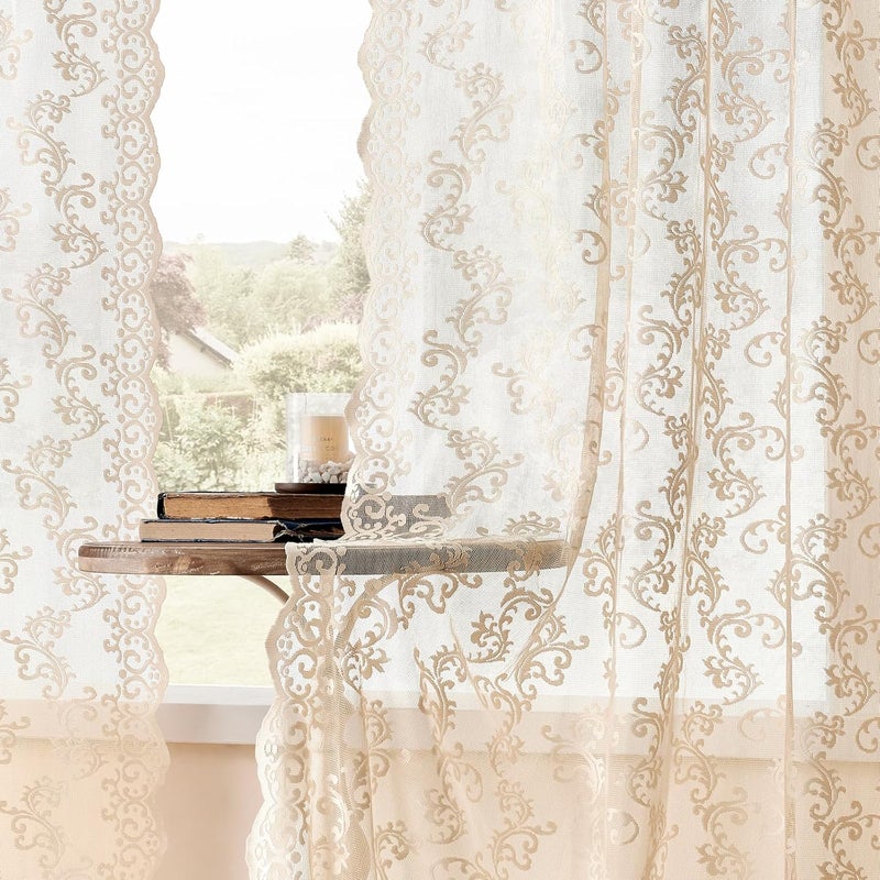 FOLKSIDE Beige Lace Curtains 102 Inches Long 2 Panels Vintage Paisley Sheer Lace Curtains for Living Room Bedroom Rod Pocket Light Filtering Large Window Privacy Decor for Dining Room Neutral Drapes, 52x102 - Image 2